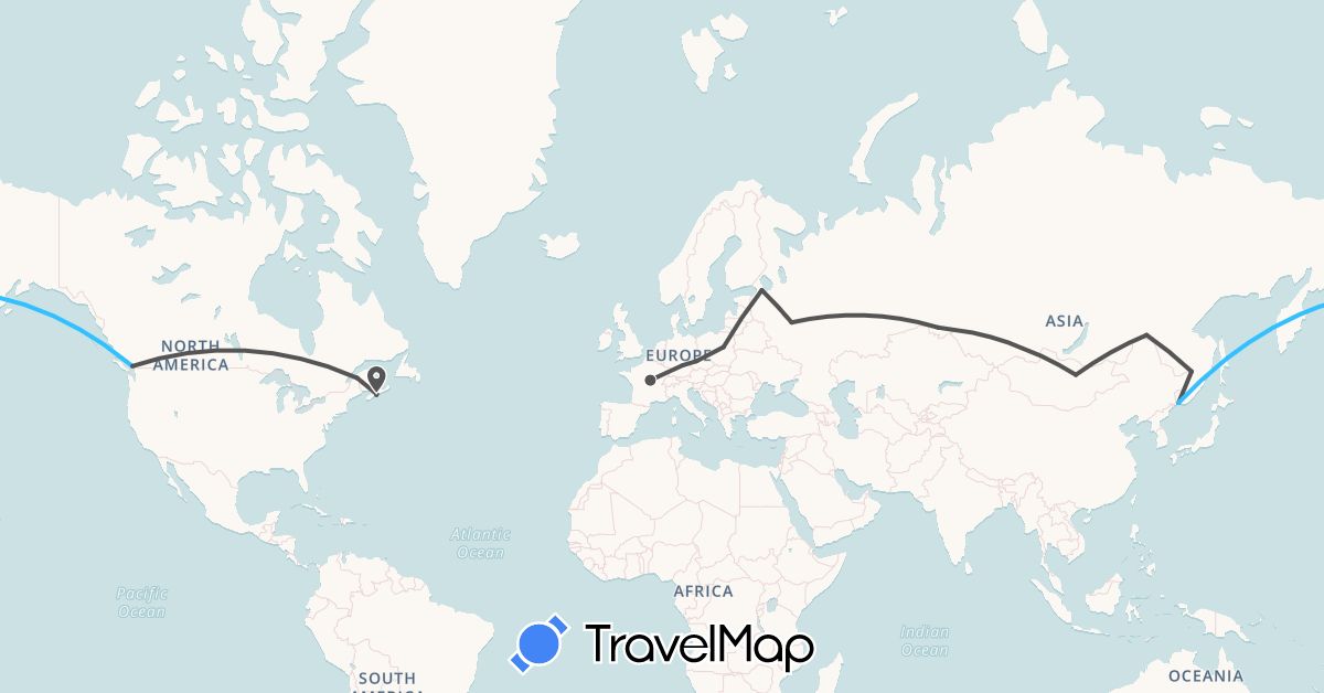 TravelMap itinerary: boat, motorbike in Canada, Czech Republic, Germany, France, Mongolia, Poland, Russia (Asia, Europe, North America)